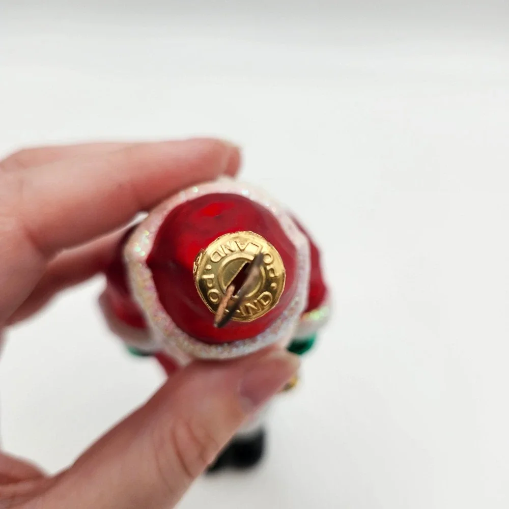 Vintage Poland Hand Blown Glass Santa Ornament Red Coat Lantern‎ Crescent Shape